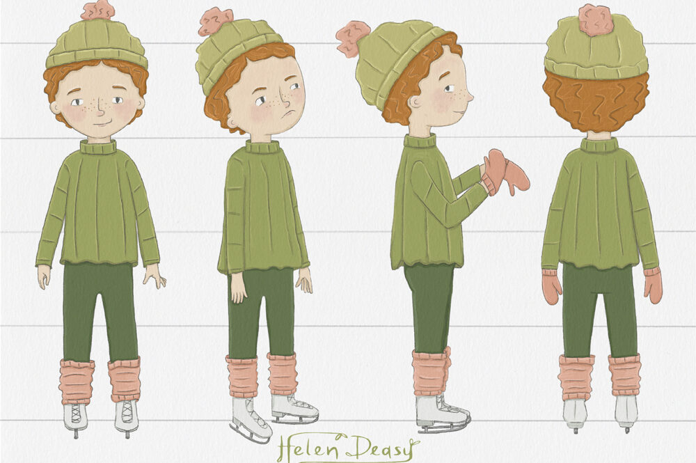 Character turnaround showing front, side, three-quarter, and back views of a young figure skater
