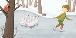 snow geese following a girl ice-skating on a frozen pond