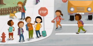 Children with backpacks waiting at a neighborhood bus stop near a stop sign as a yellow school bus pulls up.