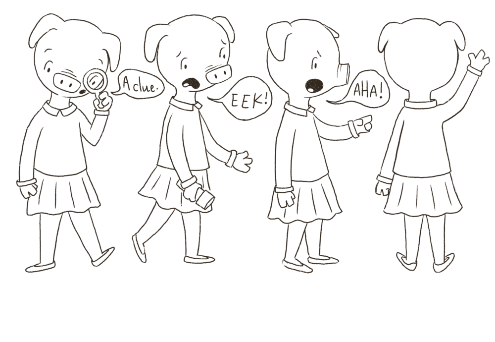 Three-quarter view section: Character sketches shown from four different angles