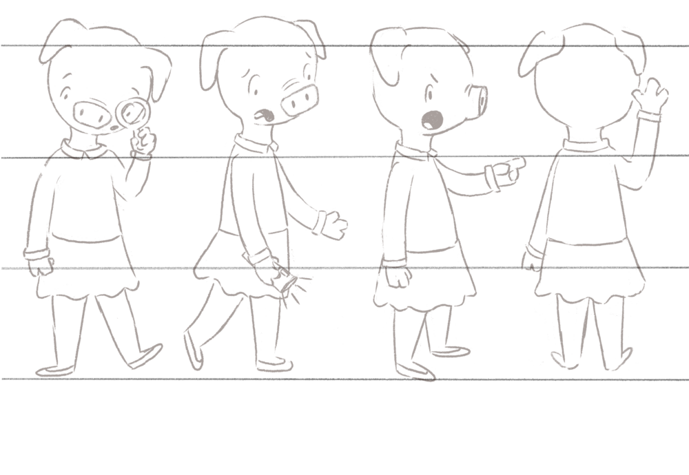 Front view section: Character turnaround sketches aligned with drawing guidelines