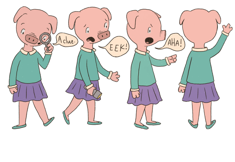 Side view section: Colored character turnaround featuring consistent clothing and proportions
